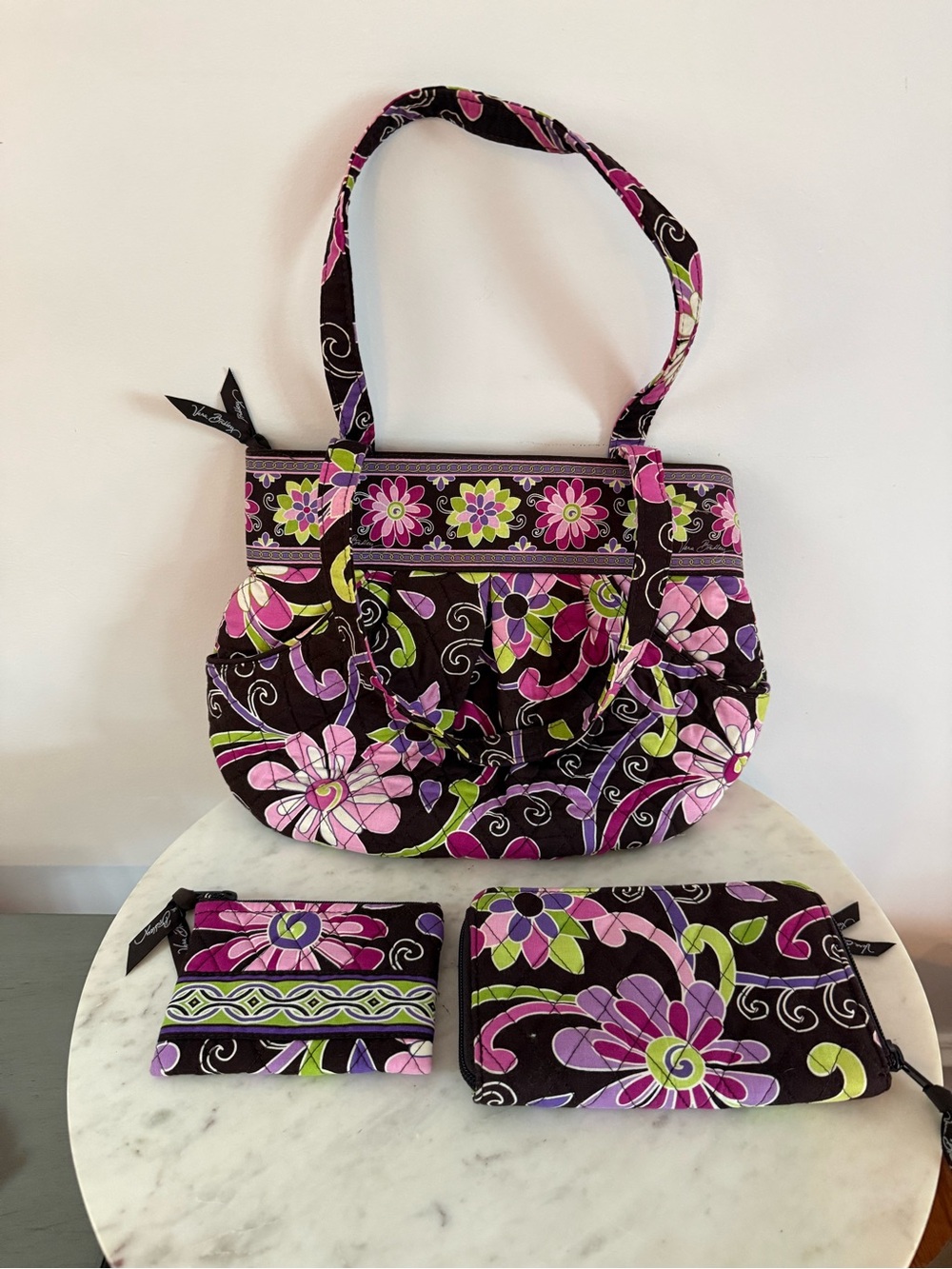 VTG Vera Bradley Set of 3 - Purple Punch Floral Shoulder Bag, coin pouch, wallet